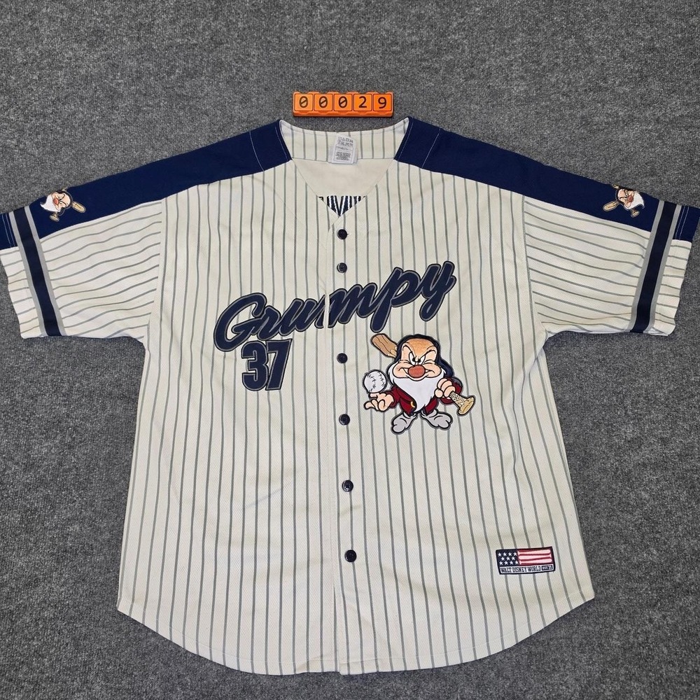 Vintage Disney Grumpy Baseball Jersey with pinstripes and cartoon graphic